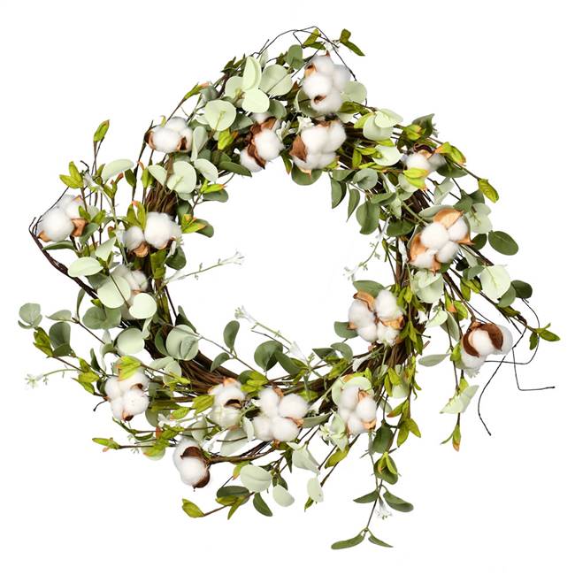 24" White Cotton Mixed Greenery Wreath