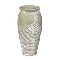 11" Laurel Green Vase White Fern Pattern