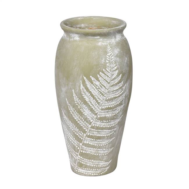 11" Laurel Green Vase White Fern Pattern