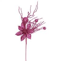 14" Fushia Glit Poinsettia Berry Spray