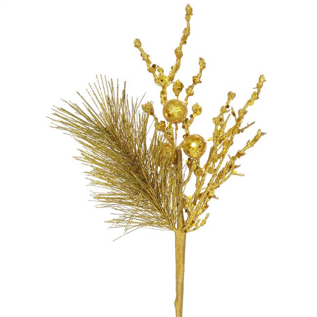 8" Ant Gold Glit Sequin Berry Pine Spray