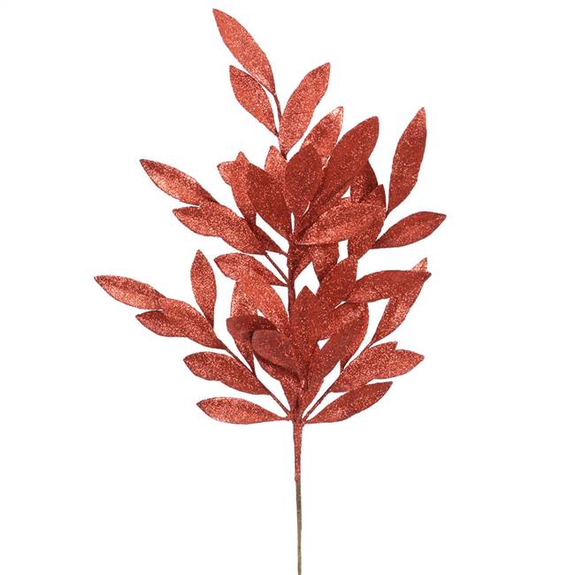 22" Red Glitter Bay Leaf Spray 6/Bag