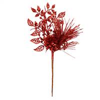 10" Red Pinecone Glitter Leaf Pick 12/Bg