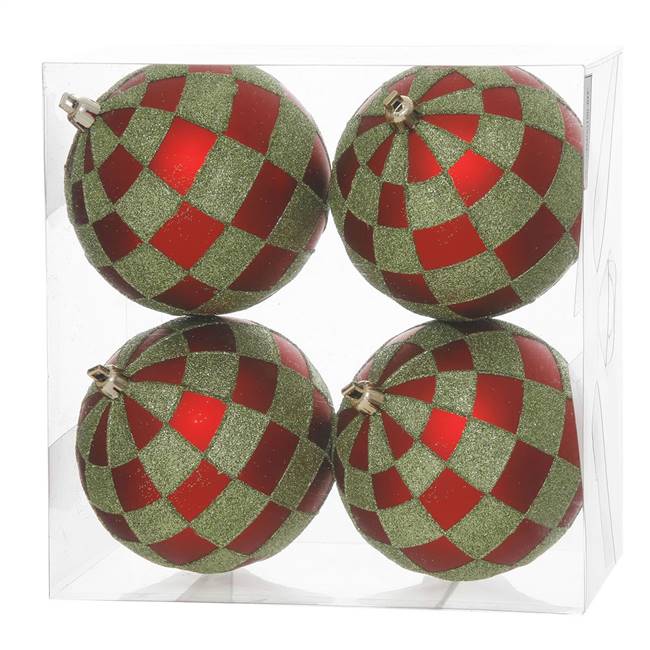 4" Red-Lime Check Glitter Ball 4/Box