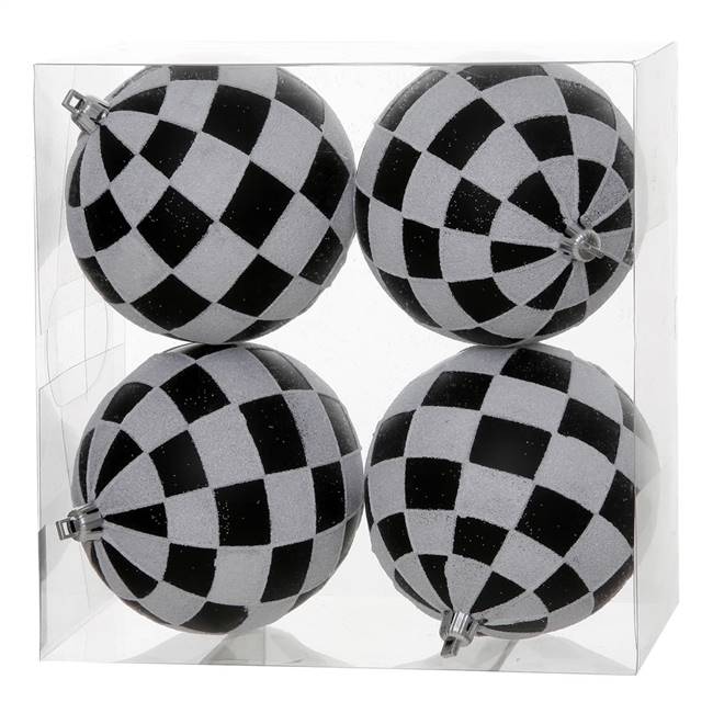 4" Black-White Check Glitter Ball 4/Box
