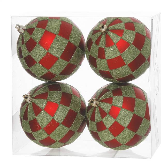 4.7" Red-Lime Check Glitter Ball 4/Box