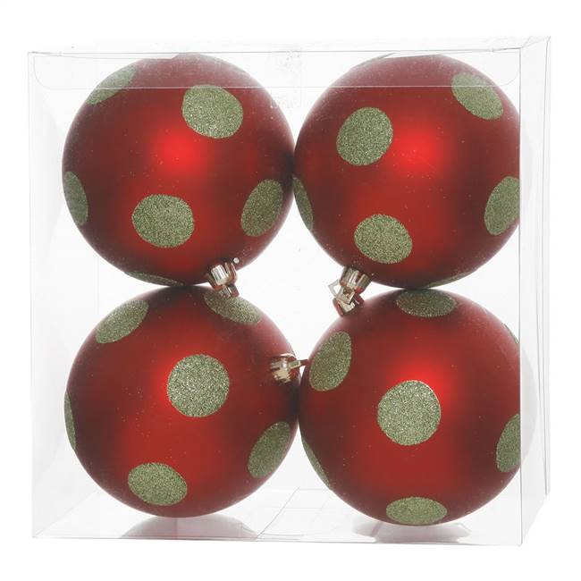 4.7" Red-Lime PolkaDot Glitter Ball 4/Bx