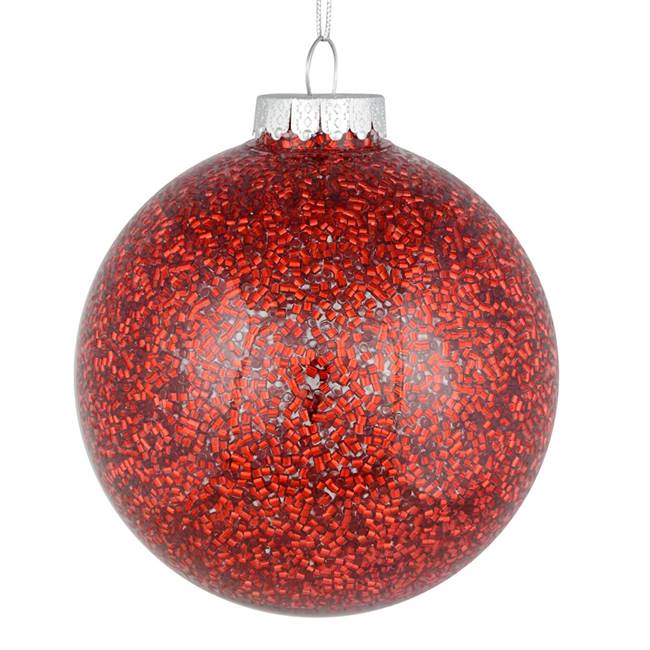 6" Red Tinsel Clear Ball Orn 4/Bag