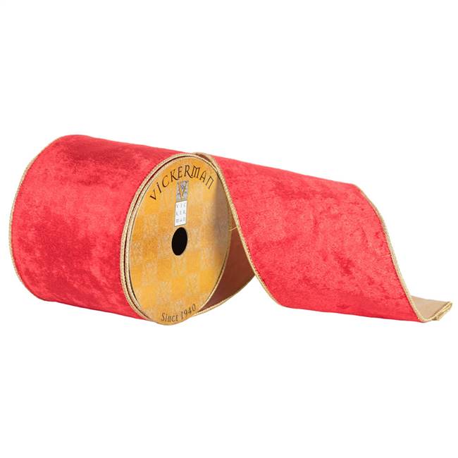 4" x 10yd Red Plush Velvet Gold Edge