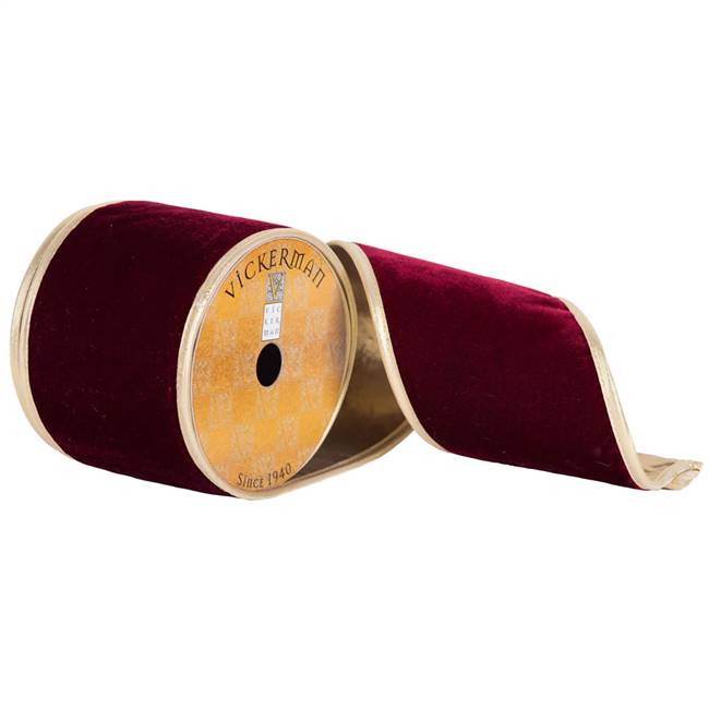 4" x 10yd Red Plush Velvet Gold Edge