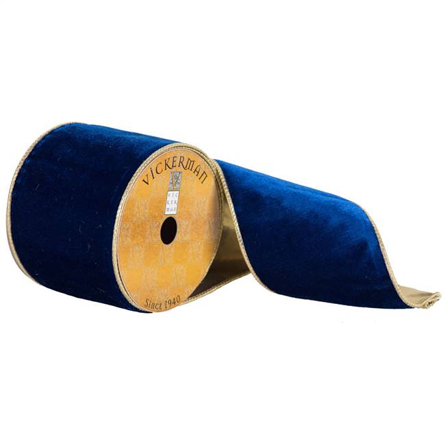 4" x 10yd Blue Plush Velvet Gold Edge