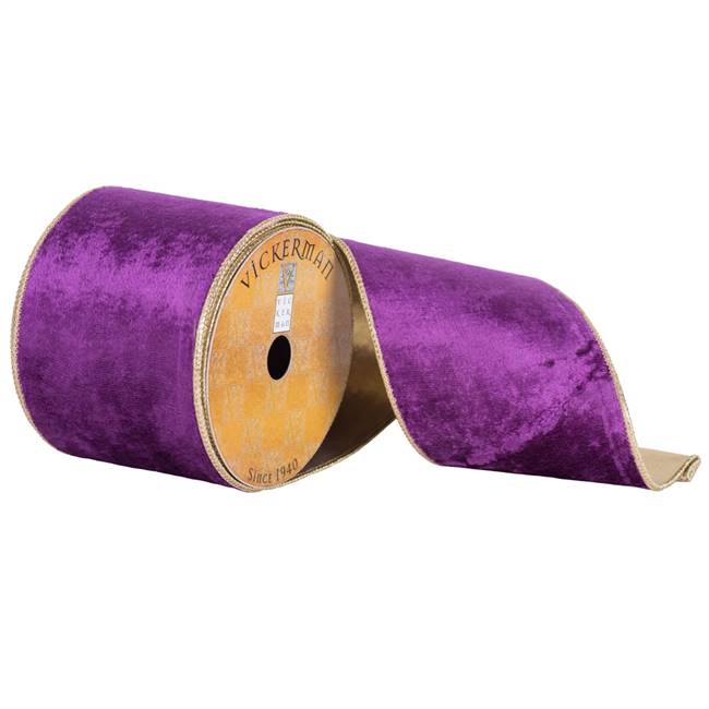 4" x 10yd Purple Plush Velvet Gold Edge