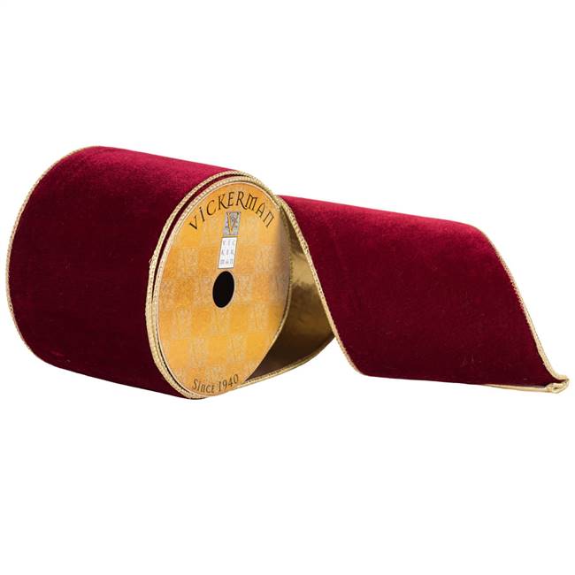 4" x 10yd Burgundy Plush Velvet Gold