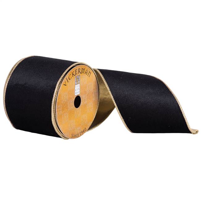 4" x 10yd Black Flat Velvet Gold Edge