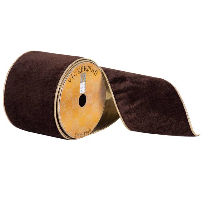 4" x 10yd Choc Plush Velvet Gold Edge