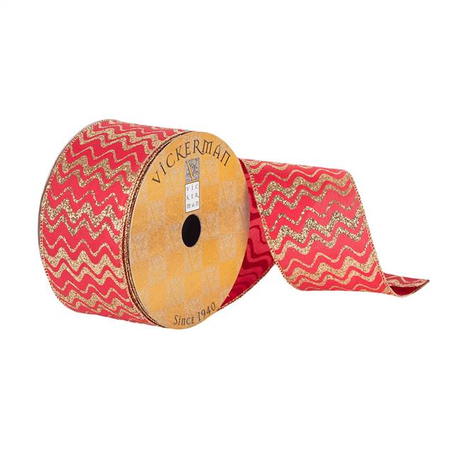 2.5"x10Yd Red/Gold Glitter Waves Dupion