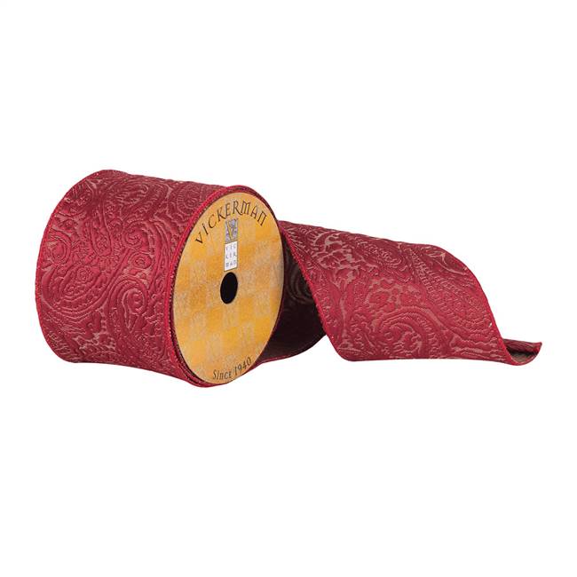 4"x10Yd Red Woven Filigree Dupion Ribbon