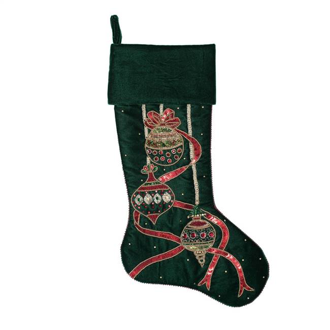 21" Green Beaded Ornamnt Velvet Stocking