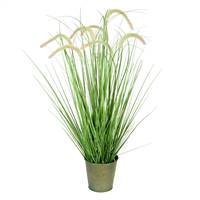 36" Green Cattail Grass In Iron Pot