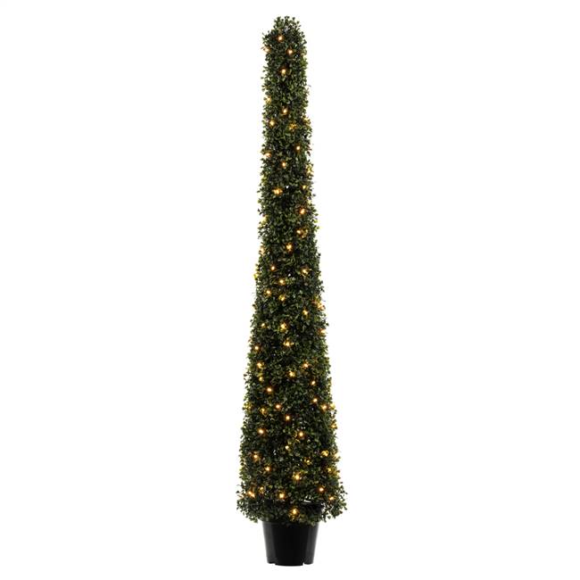 5' Potted Boxwood Cone 150 WmWht LED UV