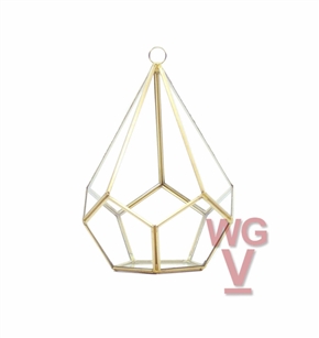 Geometric Glass Terrarium, Undecahedron Tear drop, Rustic Gold Frame - Width: 5.5", Height: 8"