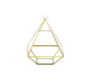 Geometric Glass Terrarium, Nonahedron Raised Pyramid Shape, Rustic Gold Frame - Width: 6", Height: 8"