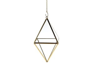 Geometric Glass Terrarium, Octahedron, Standing Diamond, Gold Frame - Width: 4.5", Height: 8.25"