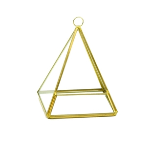 Geometric Glass Terrarium, Pentahedron Pyramid on Chain, Rustic Gold Frame - Width: 4.25", Height: 5.5"