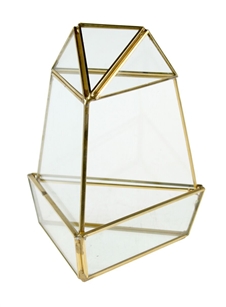 Geometric Glass Terrarium, Short Triangular Oblisk, Gold Frame - Width Approx: 4", Height: 6"