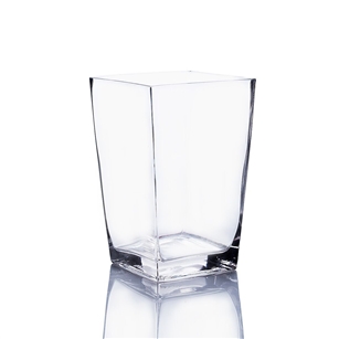 Clear Taper Down Block Vase. Open: 5"x5". Height: 8".