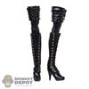 Boots: Flagset Female Thigh-High Black Leather-Like Boots