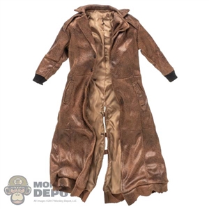 Coat: Hot Toys Mens Long Brown Leather-Like Jacket