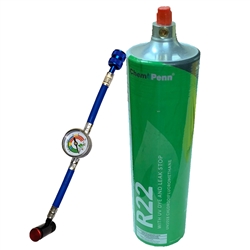 Freon R22 Refrigerant w/ UV Dye & Stop Leak 28oz Disposable One Step Can w/ Gauge & Hose 1/4" Connection