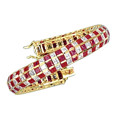 7" long Lovely best selling bracelet with 23.25 cts.t.w. of square Ruby Essence and white princess cut stones in 14K Yellow Gold.