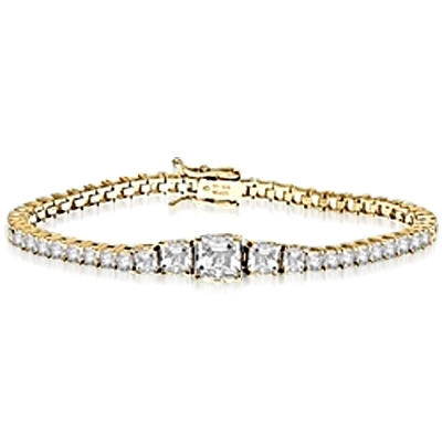 Asscher cut mania. Diamond Essence bracelet in graduated size Asscher cut classic stones, set in prong settings. 2.0 ct. center, 1.0 ct. on each side follwing by 0.5 ct and 0.20 ct all around. Must have one, 7.5 cts.t.w. set in 14K Solid Yellow Gold.