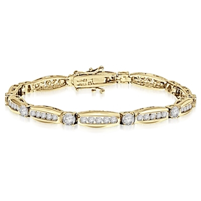 Elegant designer bracelet. Diamond Essence 0.5 ct. stones set in four prongs setting, between tension set melee. 7.0 cts.t.w. in 14K Solid Yellow Gold.