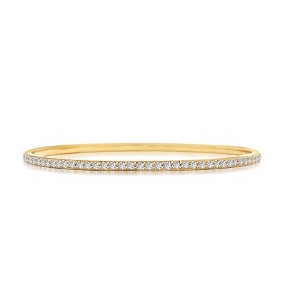Prong Set Bangle Bracelet with Simulated Round Brilliant Diamonds by Diamond Essence set in 14K Solid Yellow Gold