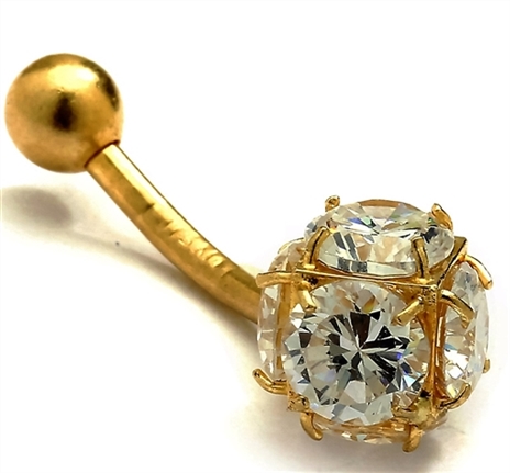 Diamond Essence 14K Solid Gold Belly Button Ring with 3.0 Cts.T.W. Round Brilliant Stones And Screw On Gold Ball.