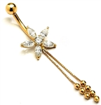 Diamond Essence Designer 14K Solid Yellow Gold Belly Button Ring, with Marquise Floral Arrangement And Delicate Gold Hanging Chain with Screw On Ball.