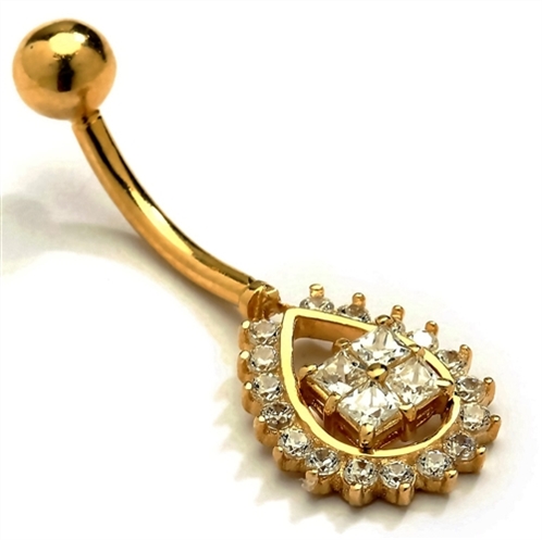 Diamond Essence Designer 14K Solid Gold Belly Button Ring  with 0.50 Ct.T.W. Round Melee Set in Pear Shape And Screw on Gold Ball