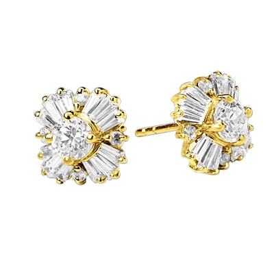 Magnificent star bright Earrings with Round Brilliant Diamond Essence and Baguettes Masterpieces,1.25 Cts.T.W.in 14K Solid Yellow Gold.
