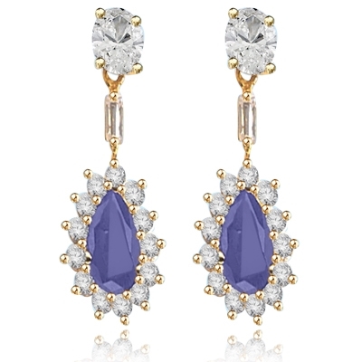 Pear cut sapphire&round stone yellow gold earring