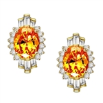 Diamond Essence Earrings in 14K Solid Yellow Gold with 4 ct. Canary Essence center in four prongs setting. Baguettes and round stones on either side makes it designer wear. 10 cts.t.w.