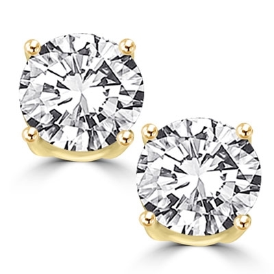 Prong Set Stud Earrings with Synthetic Round Cut Diamond by Diamond Essence set in 14K Solid Yellow Gold