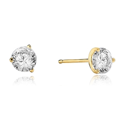 Pair of Studs in three prongs Martini Setting, Round Diamond Essence in each stud. 1.0 Ct T.W. set in 14K Solid Yellow Gold.