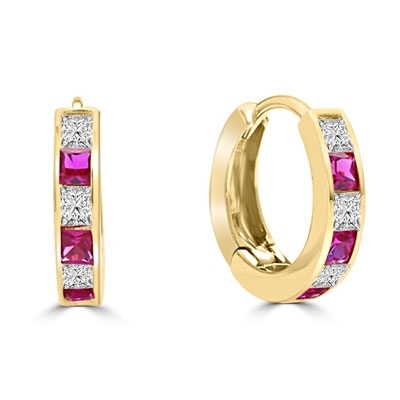 Gold hoop earring with ruby essence diamond.