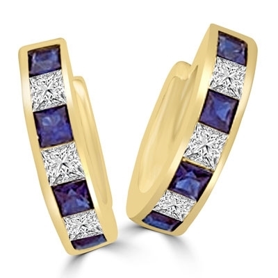 14K Solid Gold hoop Earring with alternate Diamond Essence and Sapphire Essence princess cut stones.