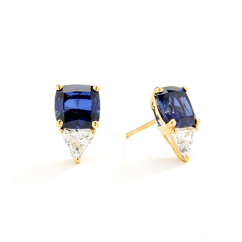 14K Solid Gold Stud earring in cushion cut sapphire stone.