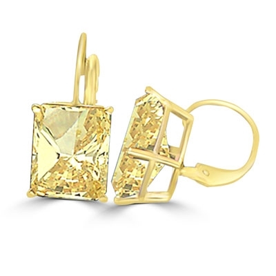 Lever Back With Emerald cut Canary Essence Stone in 14K White Gold.