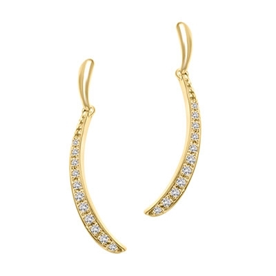 Delicate dangler earrings with round melee stones shining brilliantly in a curved design. 1.5 Cts. T.W. In 14k Solid Yellow Gold.